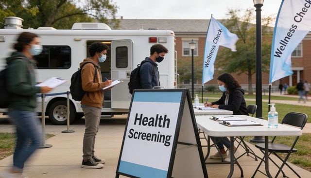 College students queuing for outdoor health screening, masked wellness check registration