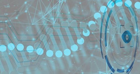 Futuristic dna helix on holographic data dashboard with circular hud and network nodes