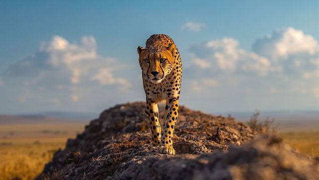 Majestic cheetah traversing sunlit african plains