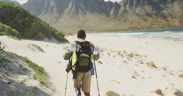 Rear view of biracial man with prosthetic leg trekking with backpack and walking poles on a beach. Long distance walking, fitness, challenge, disability, nature and healthy outdoor lifestyle.