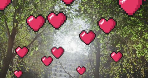 Pixelated Hearts Floating in Sunlit Forest
