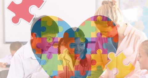 Diverse classroom concept with autism awareness symbol