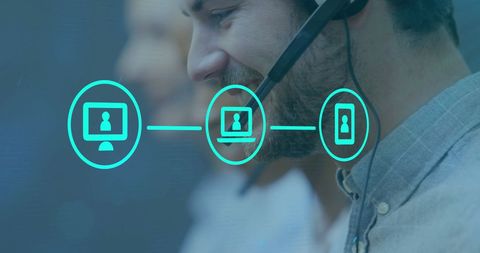 Customer service team using headsets digital interface