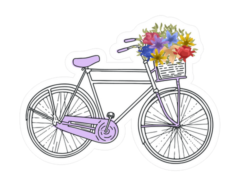 Vintage Bicycle Line Art With Flower-Filled Basket On Transparent Background