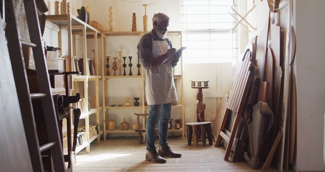 Skilled Artisan Working in Woodworking Studio Surrounded by Handcrafted Items - Download Free Stock Images Pikwizard.com