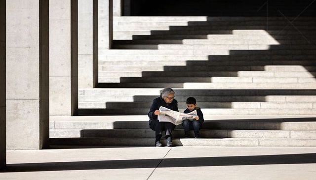 Grandparent and Child Reading Newspaper on Monumental Concrete Steps with Dramatic Shadows