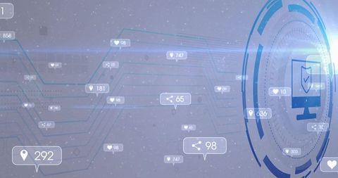 Holographic cybersecurity hud showing metrics dataflow network translucent blue interface