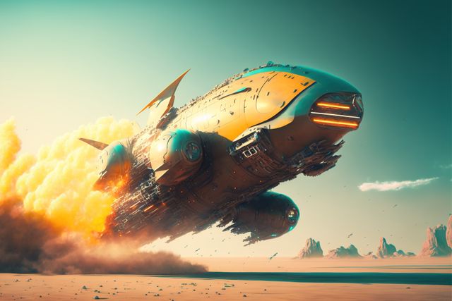 Futuristic spaceship liftoff from Mars desert. Ideal for sci-fi themes, technology blogs, space exploration, video game concept art, and futuristic transportation or adventure stories.