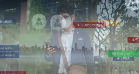 Man with Smartphone Amidst Digital Social Media Overlay