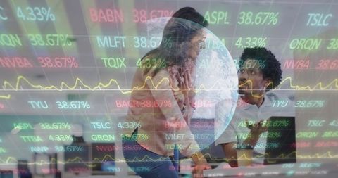 Businesspeople Analyzing Financial Data with Overlayed Stock Graphs