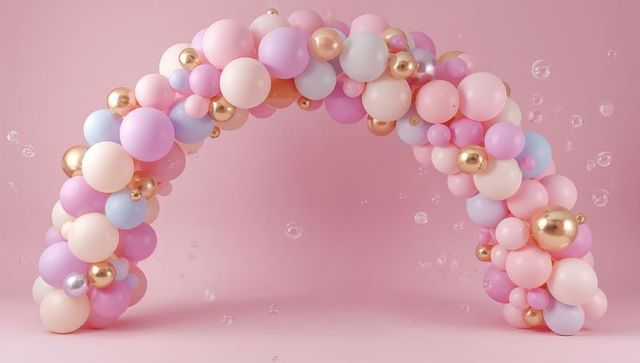 Pastel balloon arch with rose gold spheres and floating bubbles on soft pink backdrop