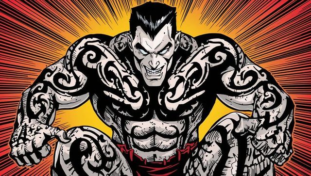 Dynamic comic warrior posed mid-struggle with tribal tattoos
