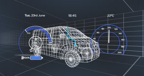 Digital 3D Car Model with Data Overlay on Dark Grid
