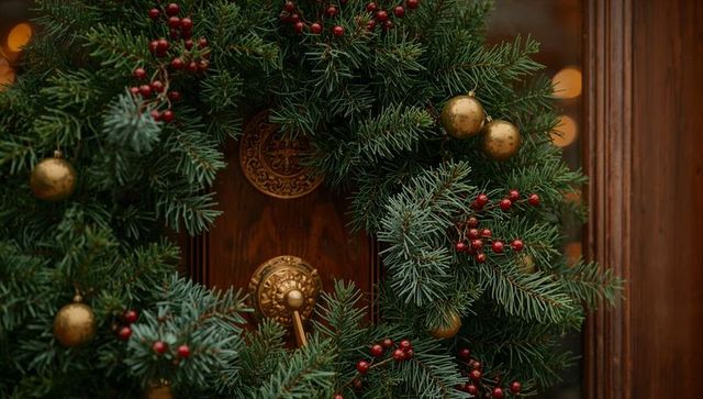 Festive Holiday Wreath on Door with Red Berries and Gold Ornaments