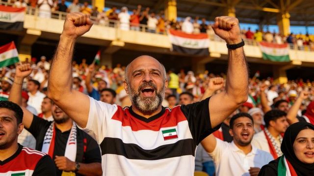 Passionate iraqi football fan raising fists cheering in packed stadium crowd