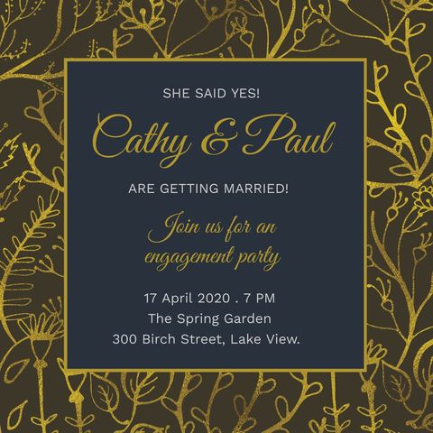 Elegant engagement party invitation with gold and navy design