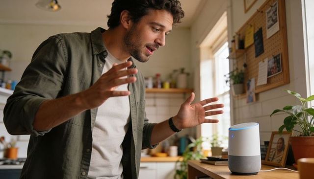 Man speaking to smart speaker in modern kitchen, gesturing, controlling voice assistant