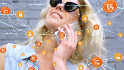 Smiling Woman Using Smartphone with Ecommerce Icons Overlay