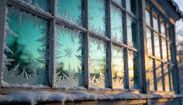 Frosted cabin window with star-shaped ice crystals reflecting teal glass and sunrise glow