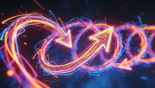 Neon infinity arrow loop with electric light trails for technology, ai and motion design