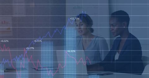 Female Colleagues Analyzing Financial Growth Data in Office