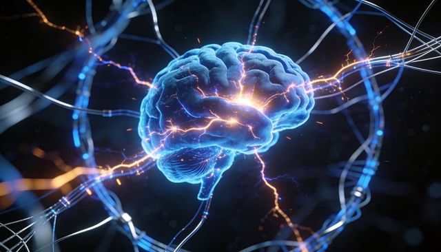 Holographic neon brain emitting electric sparks and fiber optic network for ai concept