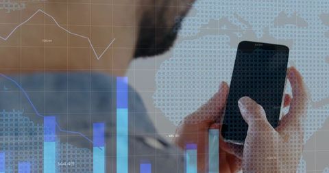 Tapping Smartphone Displaying Analytics Dashboard with Bar Charts, Line Graphs, Metrics