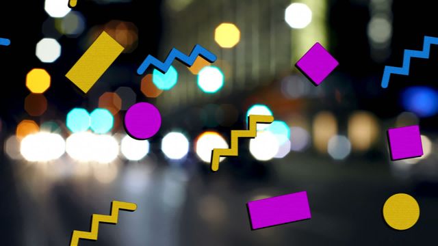 Bright geometric shapes float over a blurry city night background, providing a vivid contrast. Ideal for use in modern designs, creative graphics, or as background media for technology or urban concepts celebrating complexity and energy of city life.