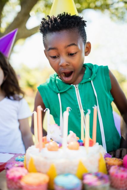 Portrait of cute boy preparing to blow on candle during a birthday party on a park 