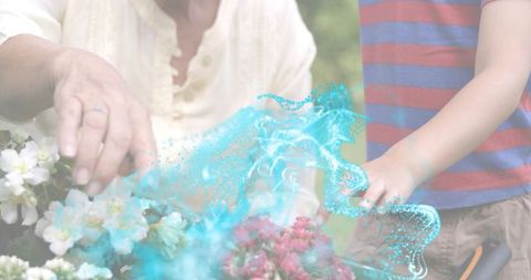 Grandparent and grandchild gardening in flower beds with turquoise digital swirl