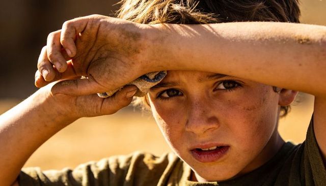 Sun-drenched boy wiping forehead with cloth in dusty golden field, close-up portrait