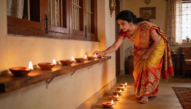 Indian woman lighting diyas in red and gold sari for diwali home ritual and festive decor