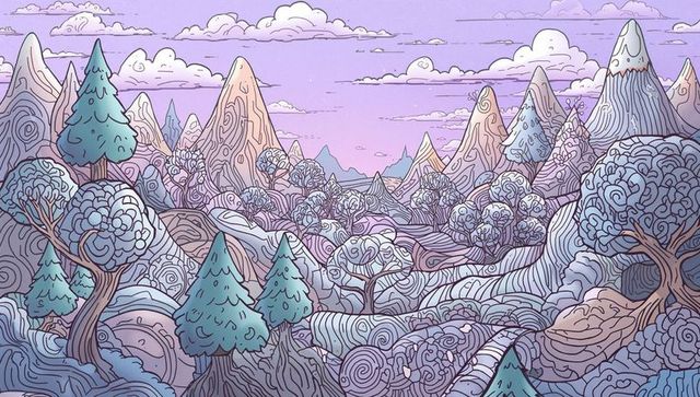Whimsical Pastel Valley with Fantasy Peaks and Trees