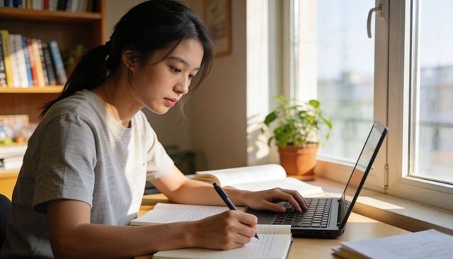 College student studying at desk with laptop and notebooks by sunlit window in dorm room