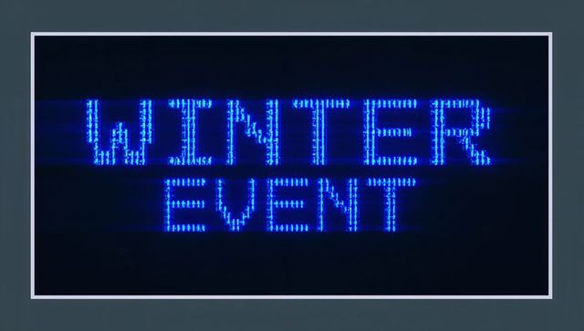 Blue led glitch winter event poster featuring neon scanline typography and pixel grid