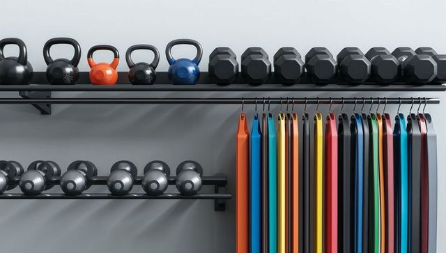 Organized gym equipment with kettlebells dumbbells resistance bands