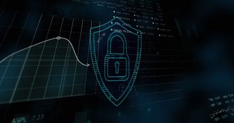 Cybersecurity concept with padlock overlapping financial data