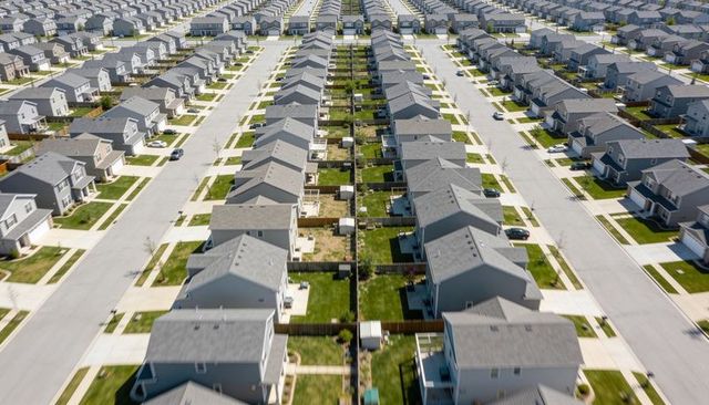 Aerial perspective showing repeating rows of suburban houses, driveways and fenced backyards