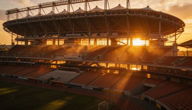Sunset rays glowing through multi-tier stadium canopy over empty seats