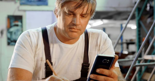 Middle-aged Man Working in Garage Checking Smartphone and Taking Notes - Download Free Stock Images Pikwizard.com