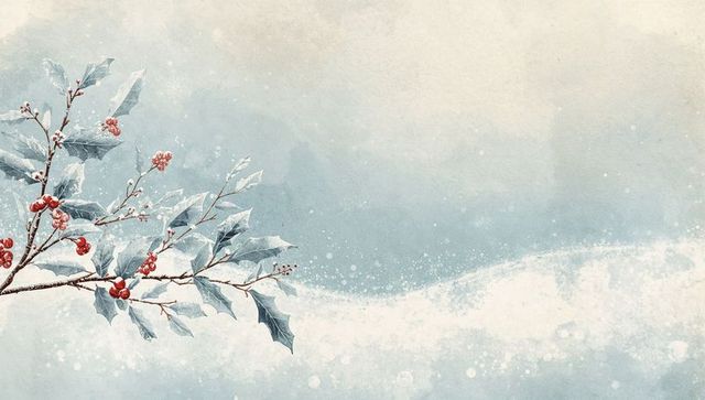 Frosted holly branch showing red berries on watercolor background with snow and copy space