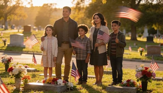 Multiracial family honoring veteran at cemetery holding american flags during golden hour