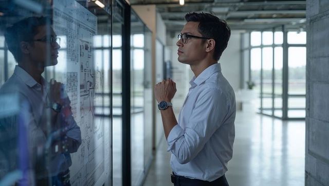 Professional examining technical schematics on glass partition in office corridor wearing glasses