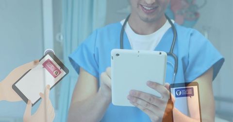 Doctor holding tablet using telemedicine app with mobile chat overlays for healthcare