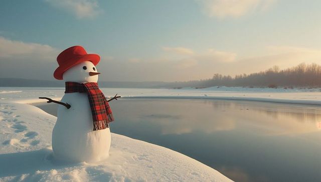 Snowman in Red Hat by Tranquil Winter River