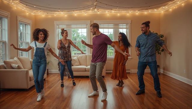 Friends dancing in cozy living room under string lights on hardwood floor
