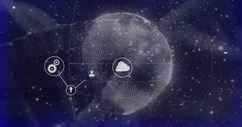 Rotating digital globe with cloud, gear and user icons visualizing global data flow