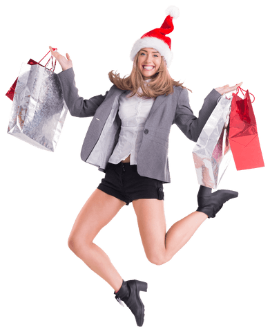 Festive Woman In Santa Hat Jumping With Shopping Bags Transparent