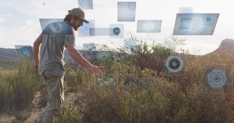 Futuristic Environmental Exploration in Desert with Digital Interfaces