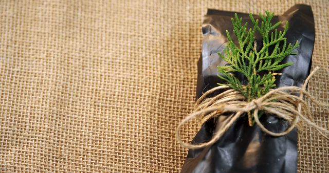 A small evergreen branch adorns a wrapped gift tied with twine on a burlap background, with copy space. The rustic presentation suggests an eco-friendly or natural approach to gift-giving.
